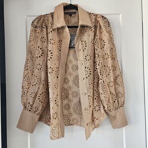 Boston Proper Tan Lace Button Down Shirt